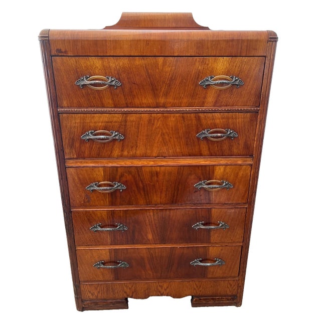 Gorgeous Art Deco Dresser Chest, Rare Five Drawers, Bakelite and Brass Pulls, Waterfall Top. 57" Tall X 20" Deep X 34"...