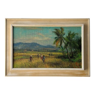 1950's Landscape Painting in Original Frame. Oil on Panel "Palmtrees on Sumatra" For Sale
