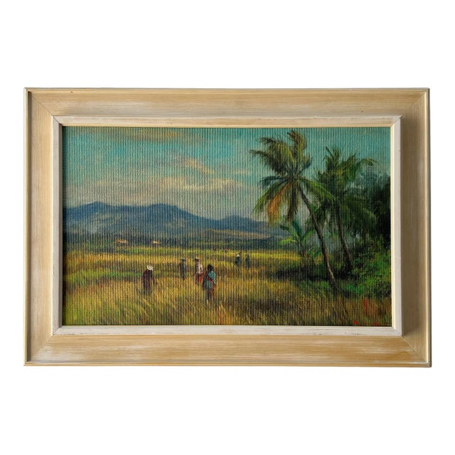 1950's Landscape Painting in Original Frame. Oil on Panel "Palmtrees on Sumatra" For Sale