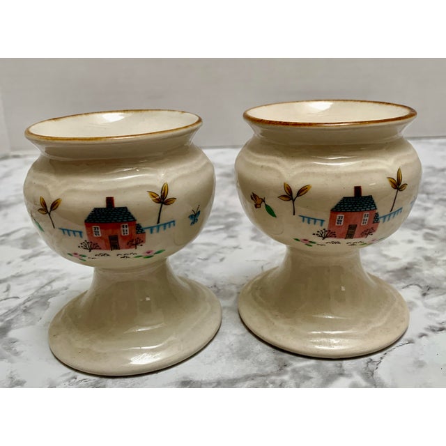 1980s French Country Cottage Pottery Ceramic Painted Candleholders, a Pair For Sale - Image 5 of 5