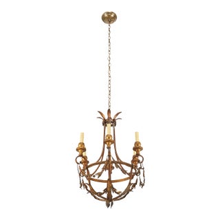 Restored Vintage Italian Gilt Tole Foliate Chandelier For Sale