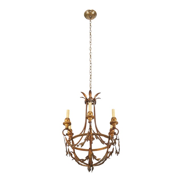 Restored Vintage Italian Gilt Tole Foliate Chandelier For Sale