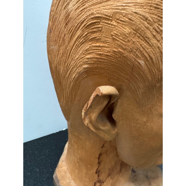 Burnt Umber 1960s Folk Art Americana Barbershop Carved Wood Bust of a Man For Sale - Image 8 of 12
