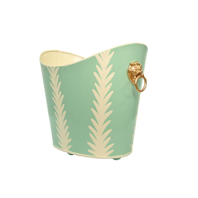 New special order item. Not vintage. Handpainted oval tole metal wastebasket with frond ivory leaf design over mint green...