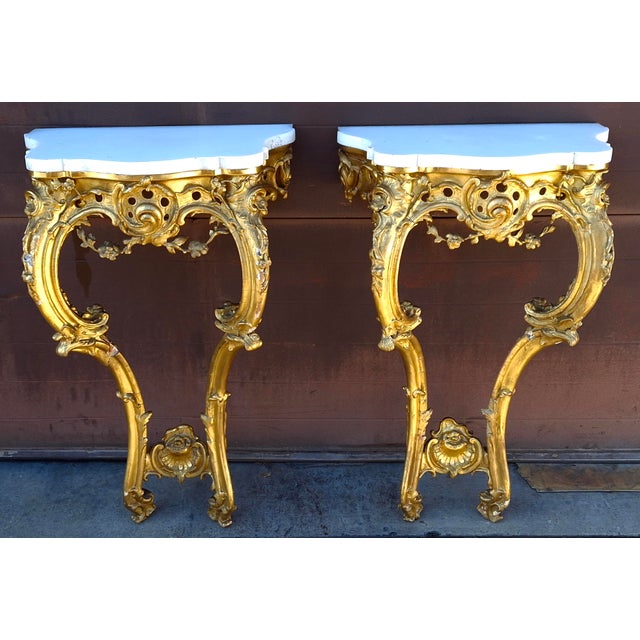 Rococo Pair 18th Century Rococo Style Carved Giltwood Marble Top Side Tables For Sale - Image 3 of 14