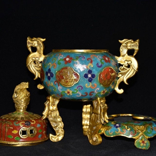 Blue Elegant Vintage Chinese Cloisonné Enamel & Gilt Bronze Tripod Censer on Stand For Sale - Image 8 of 9