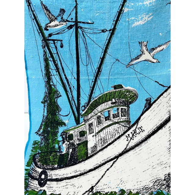 Blue Vintage Key West Hand-Printed Linen Towel – Suzie Zuzek Shrimp Boat Coastal Nautical 1960s For Sale - Image 8 of 10