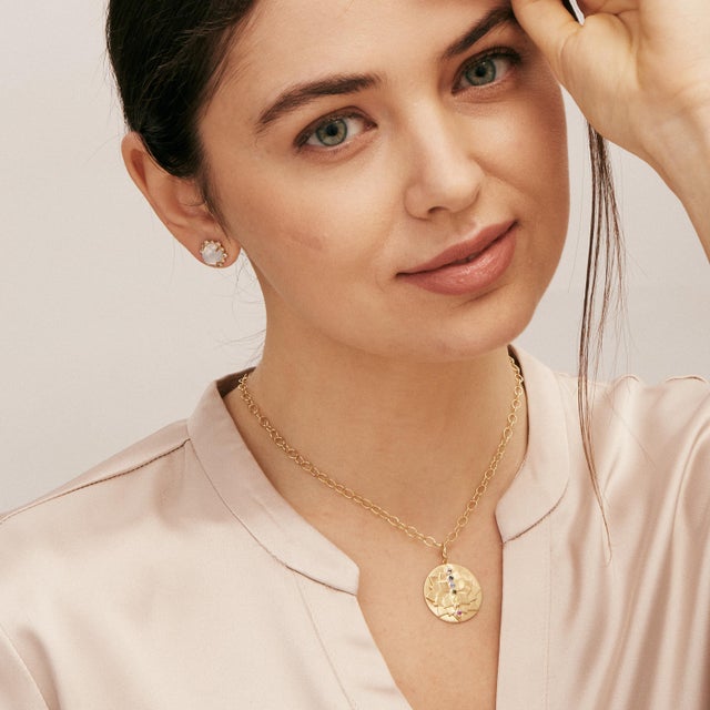 Syna Yellow Gold Cosmic Lotus Pendant with Multi Color Sapphires For Sale - Image 4 of 5