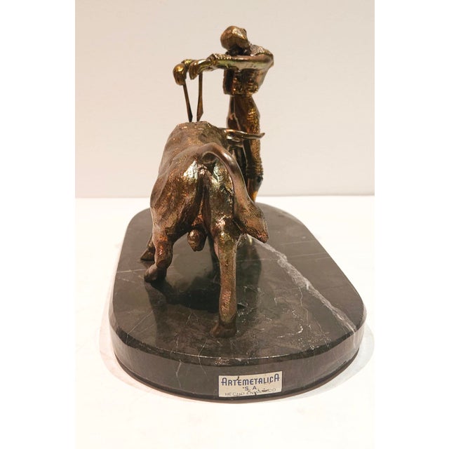 Mexican Vintage Bronze Metal Bull Fighter Matador and Bull on Marble Base For Sale - Image 3 of 8