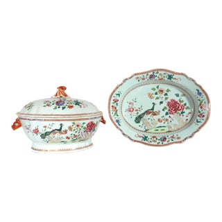 18th-Century Chinese Export Porcelain Double Peacock Pattern Soup Tureen, Cover & Stand For Sale