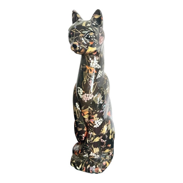 Mid Century Ceramic Cat With Foliage Patterned Finish For Sale