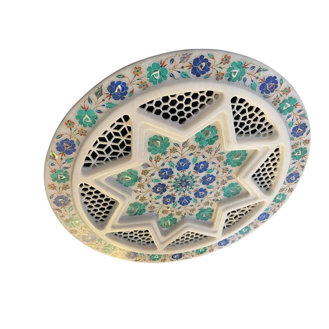 Carved stone with multi gemstone Pietra Dura floral inlay mosaic decortive vintage plate. Inlayed with Malchaite, Lapis ,...