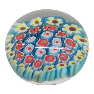 Small Round Art Glass Paper Weight Italian Murano Style Millefiori Flowers 5131b For Sale
