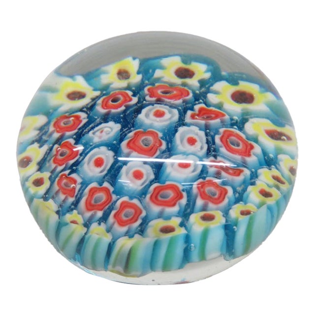 Small Round Art Glass Paper Weight Italian Murano Style Millefiori Flowers 5131b For Sale