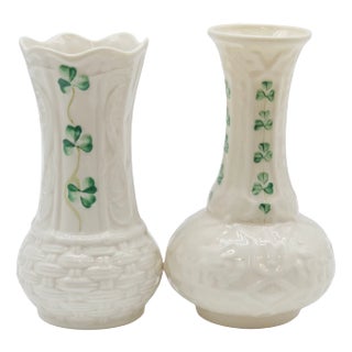 Pair of Irish Belleek Shamrock Bud Vases - 6th & 11th Green Label 5.25" Mint For Sale