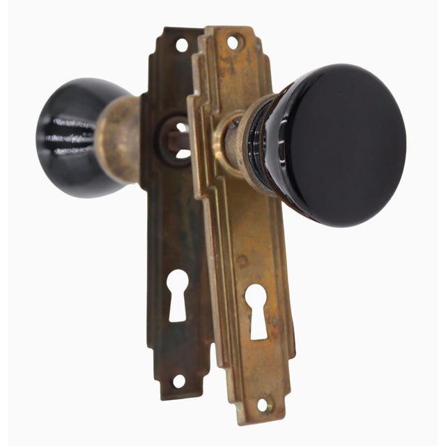 Art Deco Vintage Art Deco Black Glass Passage Door Knob Set For Sale - Image 3 of 7