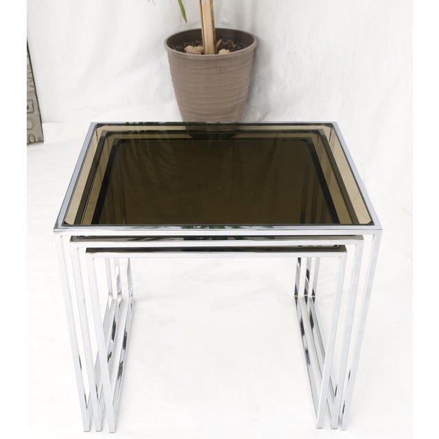 Set of Wide Rectangle Shape Chrome & Smoked Glass Nesting End Side Tables For Sale - Image 18 of 18