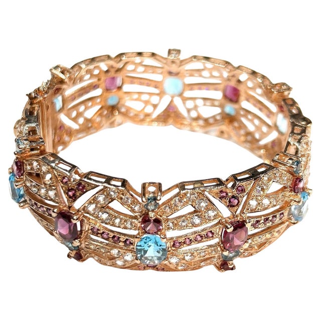 Gemstone Bochic "Capri" Vintage Garnet & Multi Gem & Sapphire Bangle Set 18K & Silver For Sale - Image 7 of 18