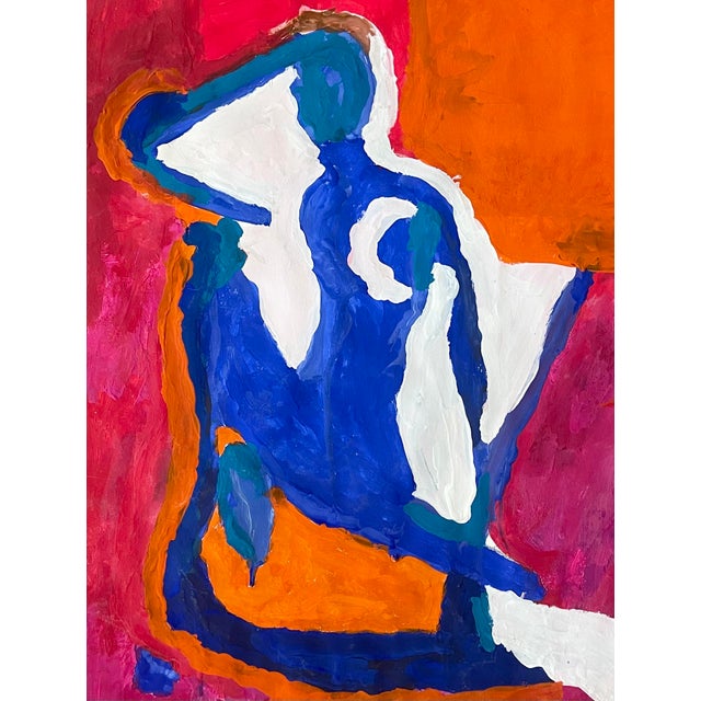 Original late 20th Century abstract figure painting. Vibrant shades of blue, pink, orange & white. Artist signed.