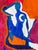 Original late 20th Century abstract figure painting. Vibrant shades of blue, pink, orange & white. Artist signed.