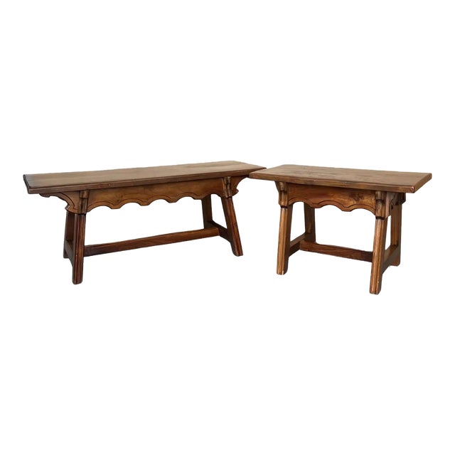 Set of Two Spanish Baroque Side Tables With Wood Stretcher and Rectangular Top For Sale