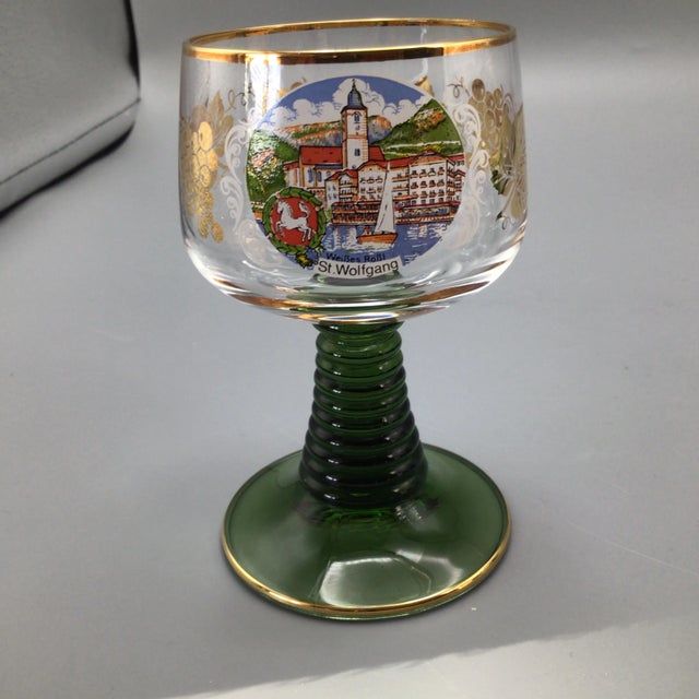 Vintage Emerald Green Beehive Stem German Souvenir Goblets-Set of 13 For Sale - Image 12 of 13