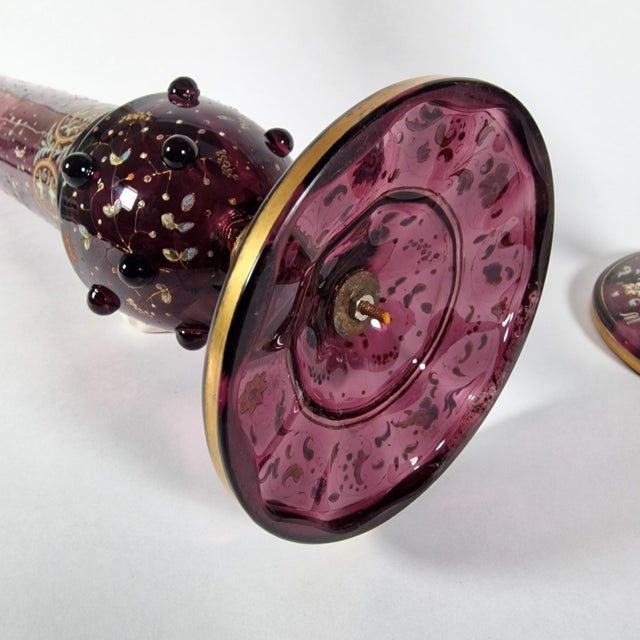 Two 19th C Bohemian Cranberry Pokal Vases King Rudolph I and Otto II Enamel For Sale - Image 11 of 15