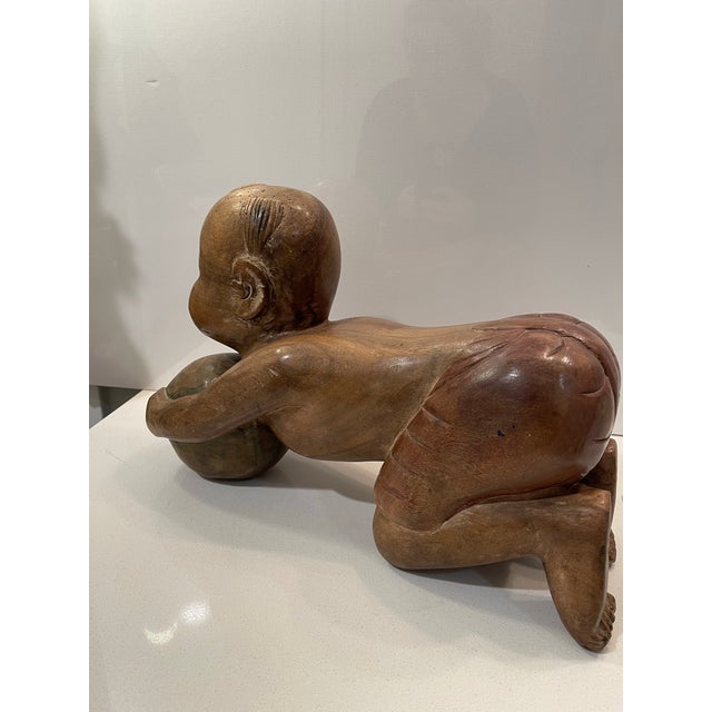 Antique Chinese Opium Pillow (Wooden Statue of Baby Buddha), Imperfect Wood For Sale - Image 11 of 12