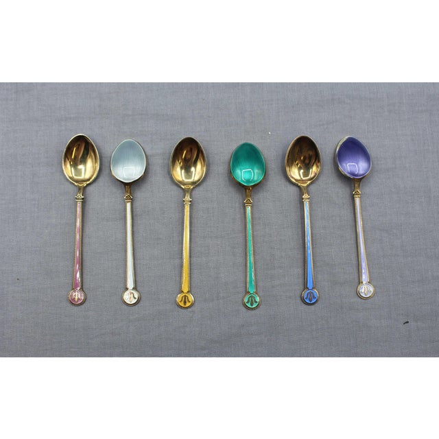 Gold Mid-20th Century Norwegian Set of 6 Gilt, Sterling Silver, and Enamel Demitasse Spoons For Sale - Image 8 of 10