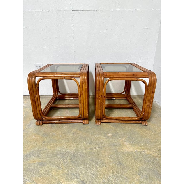 Vintage Coastal Rattan Bamboo End Tables With Glass Tops a Pair