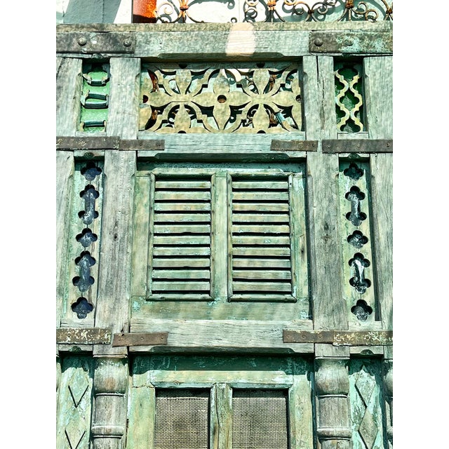 Antique architectural building facade from Jodhpur. Charming original paint colors of blue/greens. Truly unique piece to...
