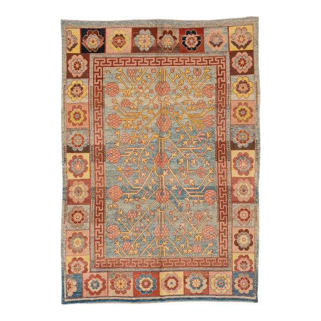 Timeless Vintage Khotan Style Blue Wool Rug Featuring an Allover Design For Sale