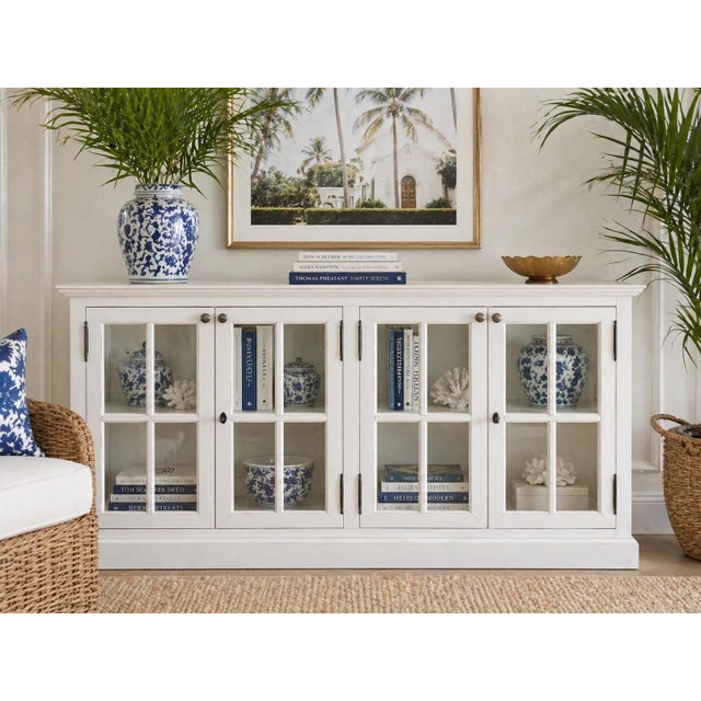 Boho Chic Vintage Painted White Sideboard Credenza Coastal Farmhouse Console Window Pane Doors 72” For Sale - Image 3 of 11