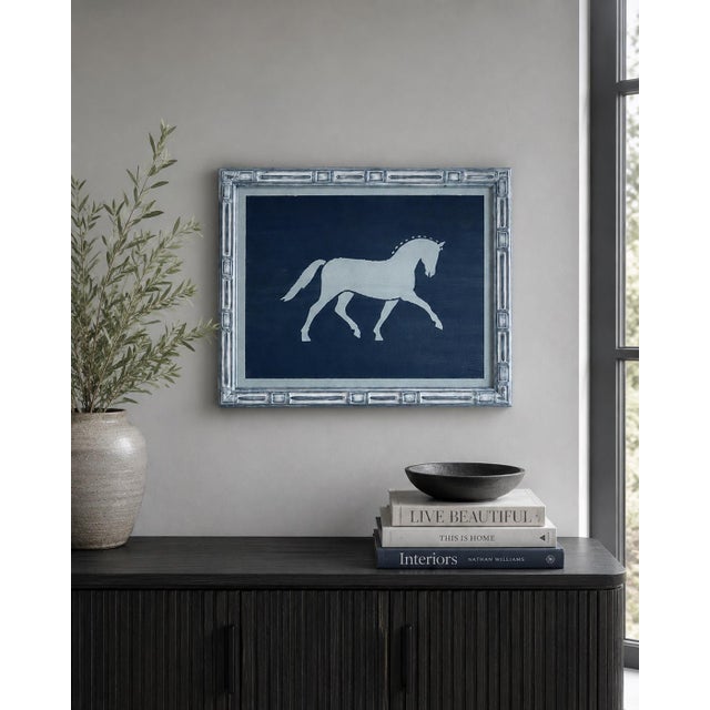 Contemporary original artwork featuring a stylized horse silhouette in soft slate blue against a deep navy background. The...