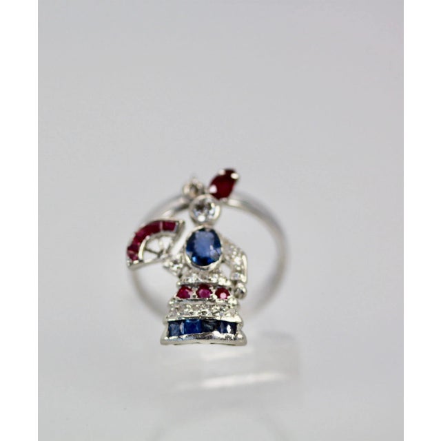 Art Deco 1920s Art Deco Platinum “Lady With a Fan” Charm Ring Size 6.25 For Sale - Image 3 of 9