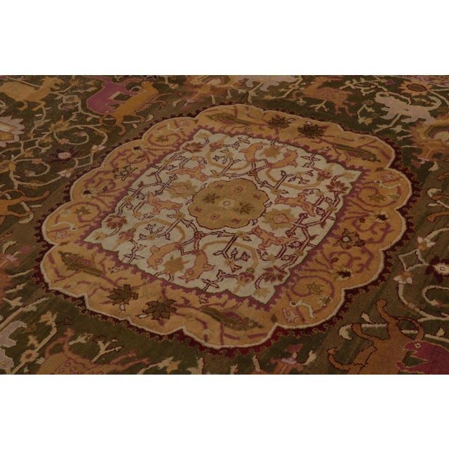 Textile Antique Amritsar Rug in Greenish-Brown, Pink & Gold Medallion With Pictorials For Sale - Image 7 of 8