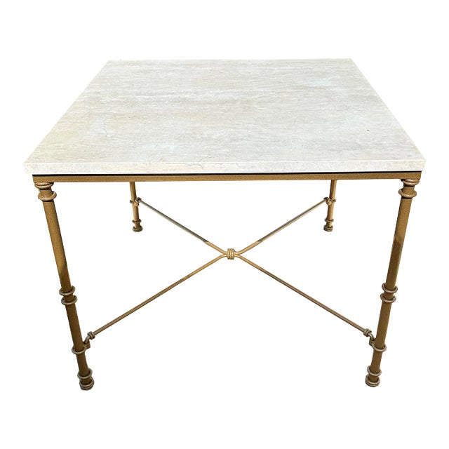 Giacometti-Style Iron Game or Breakfast Table With Travertine Top For Sale