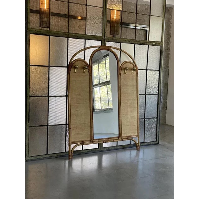 1960s Large Mid-Century Modern Italian Rattan Coat Rack with Mirror and Brass Hooks, 1960s For Sale - Image 5 of 8