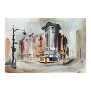 1960s "City Street Corner P1.24" Watercolor Painting by Eve Nethercott