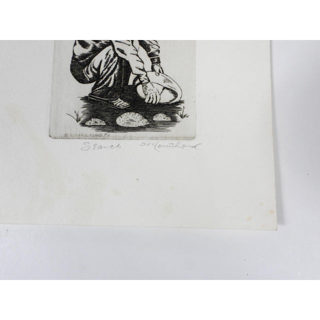 1972 etching on paper of gold prospector by Steve Coulthard (1931–2011) Wyoming. Signed, titled Search in pencil along...