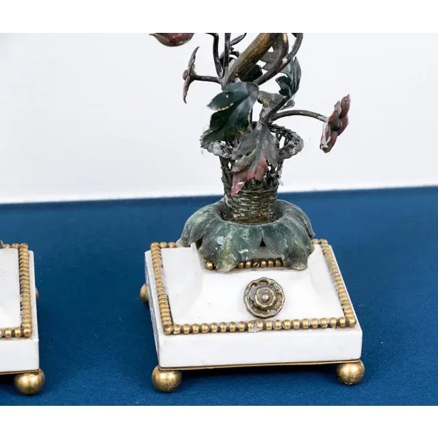 Neoclassical Antique 19th Century French Gilt & Enamel Bronze Candlesticks with Basket of Flowers on Marble Base - A Pair For Sale - Image 3 of 10