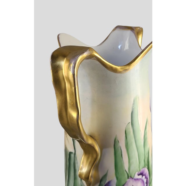 Art Nouveau Early 20th Century Large Austrian Hand Painted Irises Gilded Two Handle Vase Signed For Sale - Image 3 of 10