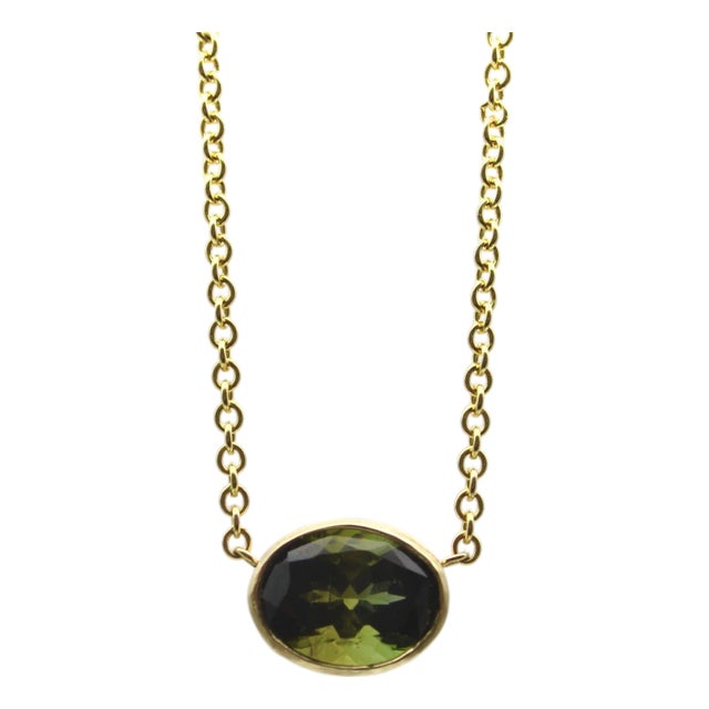 1990s 14k Gold Signature Bezel Set Dark Green Tourmaline Necklace For Sale