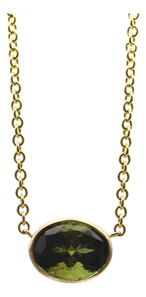 1990s 14k Gold Signature Bezel Set Dark Green Tourmaline Necklace