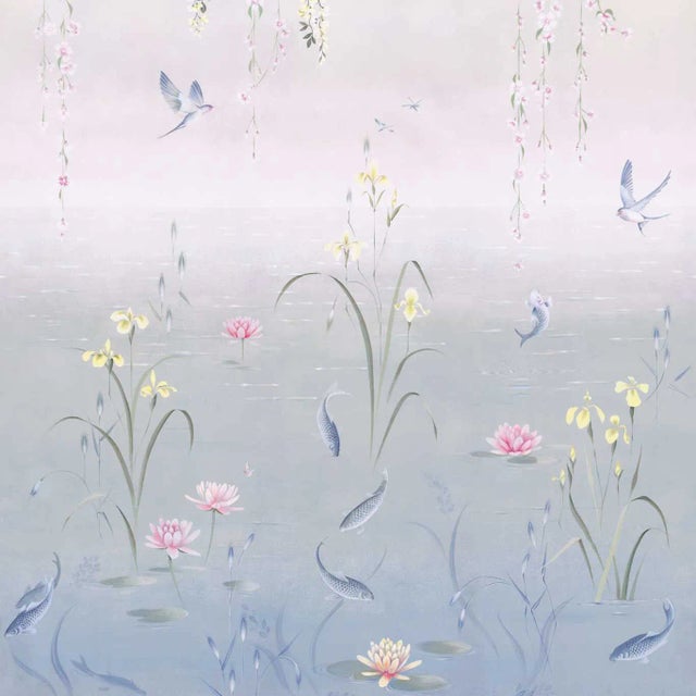 Sanderson Water Garden * Wallpaper in Soft Jade/Pink Blossom For Sale