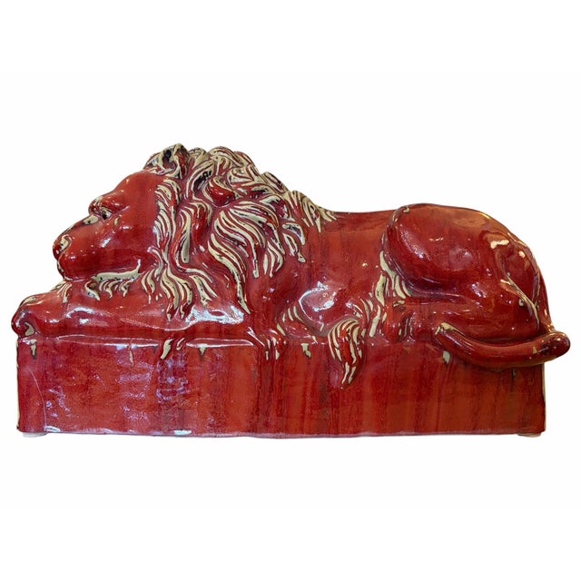 Art Deco Pair Oxblood Glaze Art Deco Lions For Sale - Image 3 of 5