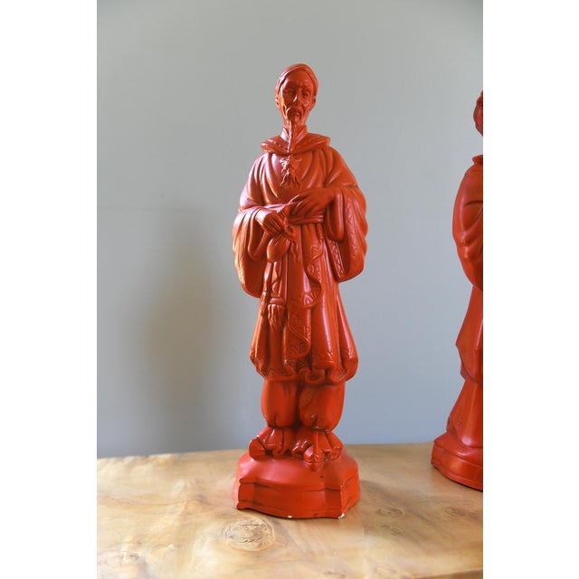 Asian Pair of Vintage Orange/Vermilion Chalkware Emperor and Empress Statues From the Personal Collection of Artist Tawny Chatmon For Sale - Image 3 of 11