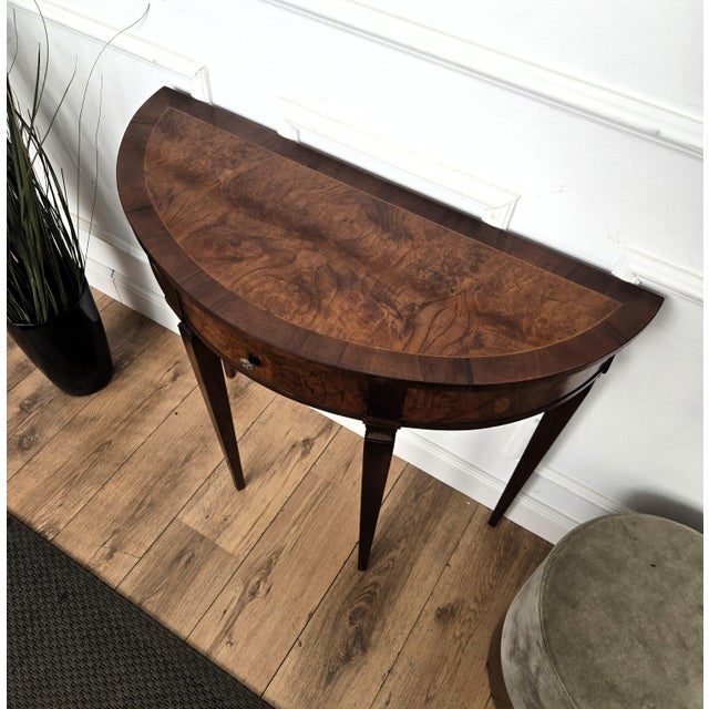 Wood Mid-Century Italian Regency Demi Lune Burl Wood Veneer Wall Console Side Table, 1960s For Sale - Image 7 of 9
