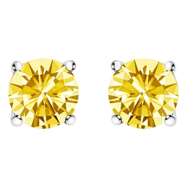 14K White Gold 1 1/2 Cttw Lab Grown Yellow Diamond Solitaire Stud Earrings (Yellow Color, VS2-SI1 Clarity) For Sale