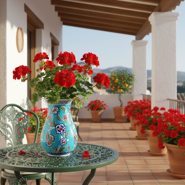 Handmade Ceramic Pear Vase (20cm) – Vibrant Aegean Turquoise – Geometric Meander Rim & Red Florals For Sale - Image 4 of 10